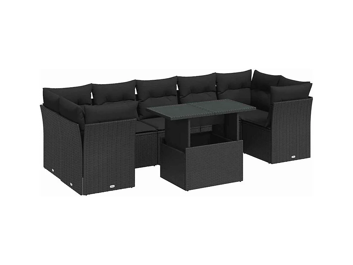 Salon de jardin 8 pcs avec coussins noir résine tressée