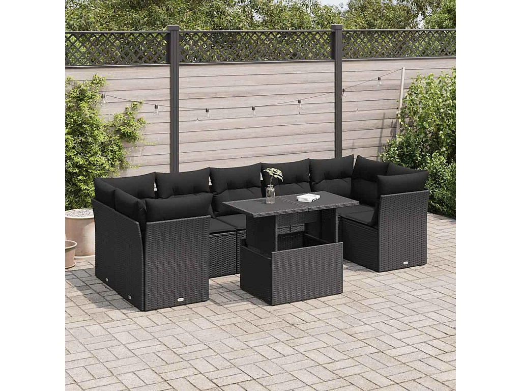 Salon de jardin 8 pcs avec coussins noir résine tressée