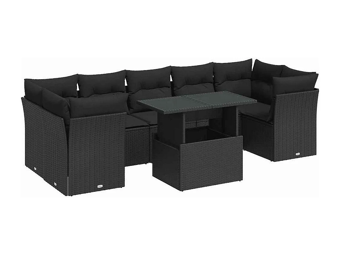Salon de jardin 8 pcs avec coussins noir résine tressée