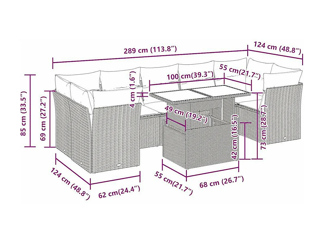 Salon de jardin 8 pcs avec coussins noir résine tressée