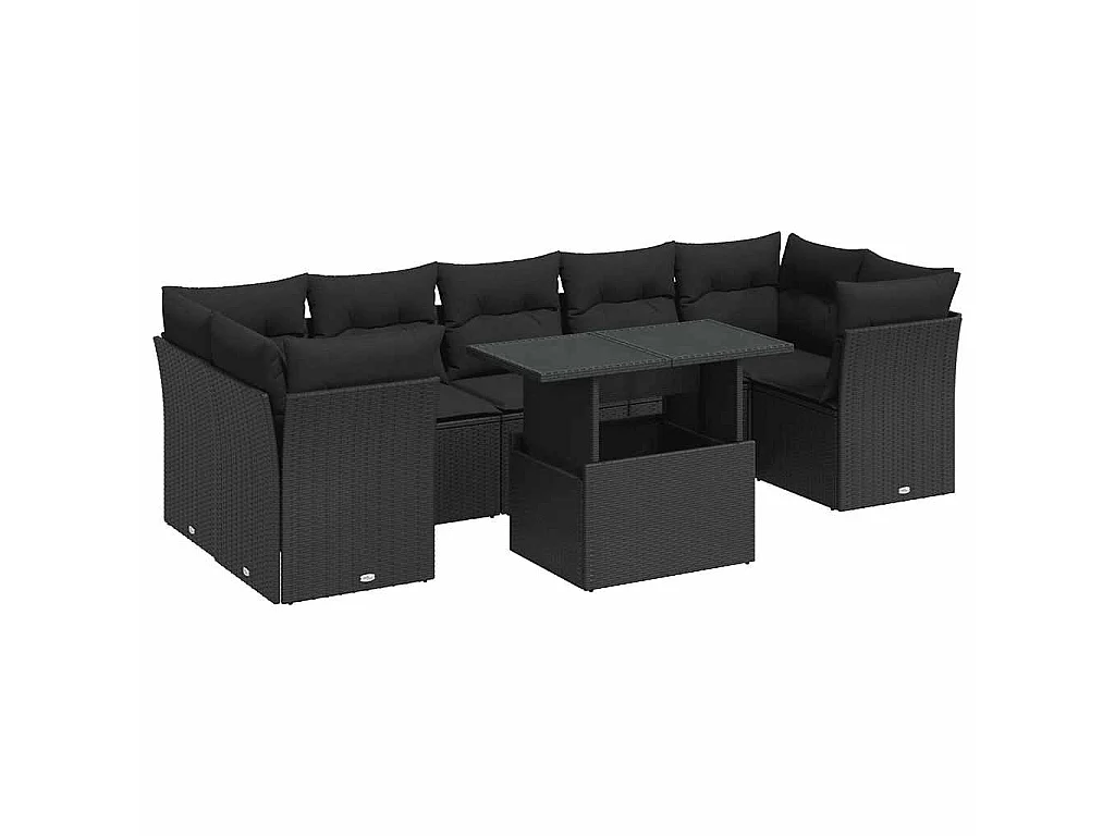 8-delige Loungeset met kussens poly rattan zwart