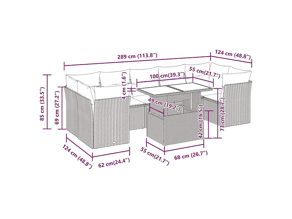 8-delige Loungeset met kussens poly rattan zwart