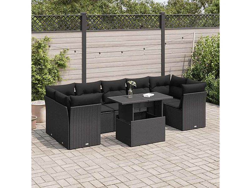 Salon de jardin 8 pcs avec coussins noir résine tressée