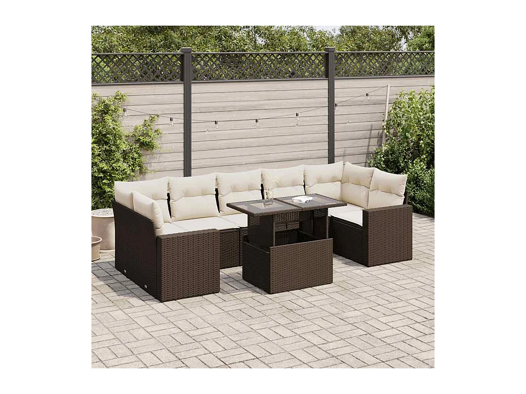 8-delige Loungeset met kussens poly rattan bruin