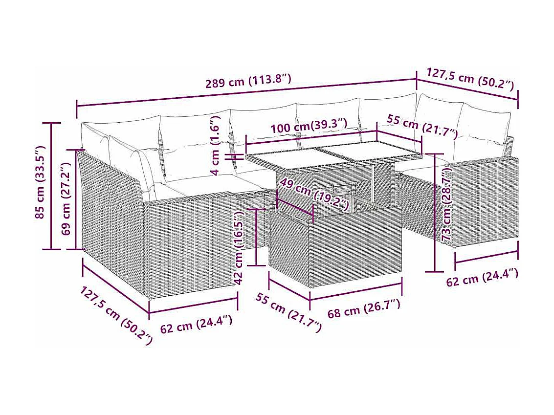8-tlg. Garten-Sofagarnitur mit Kissen Braun Poly Rattan