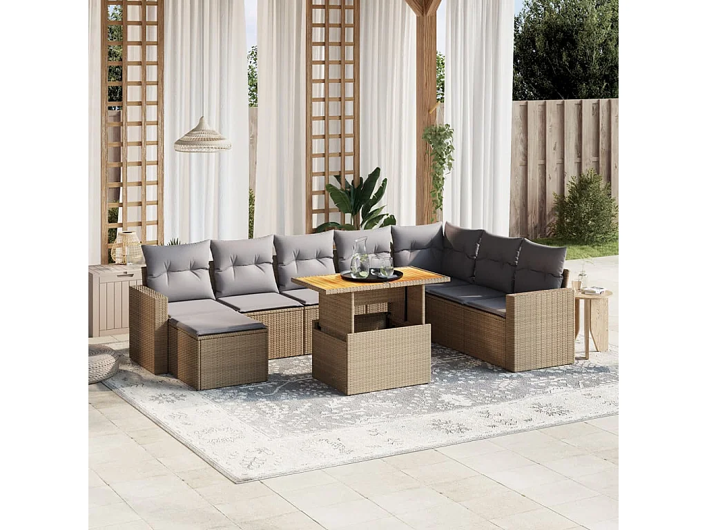Salon de jardin avec coussins 9 pcs beige résine tressée