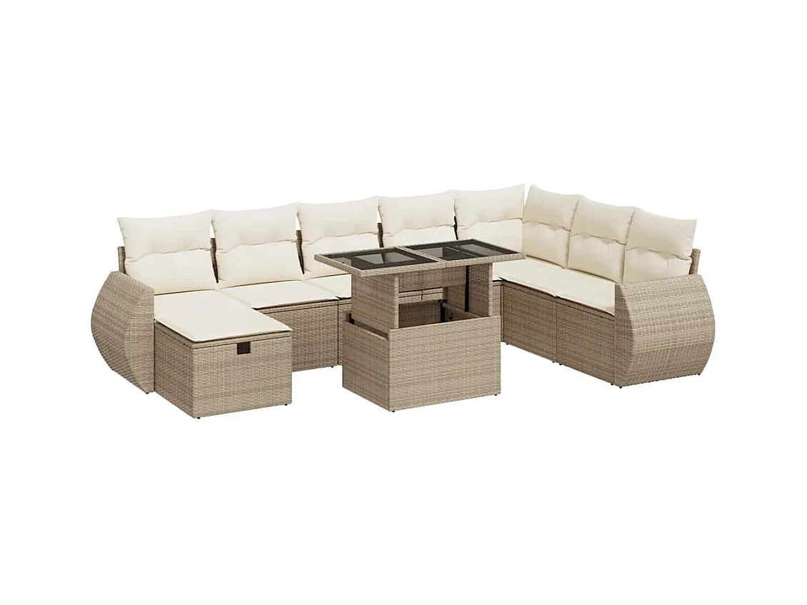 9-tlg. Garten-Sofagarnitur mit Kissen Beige Poly Rattan