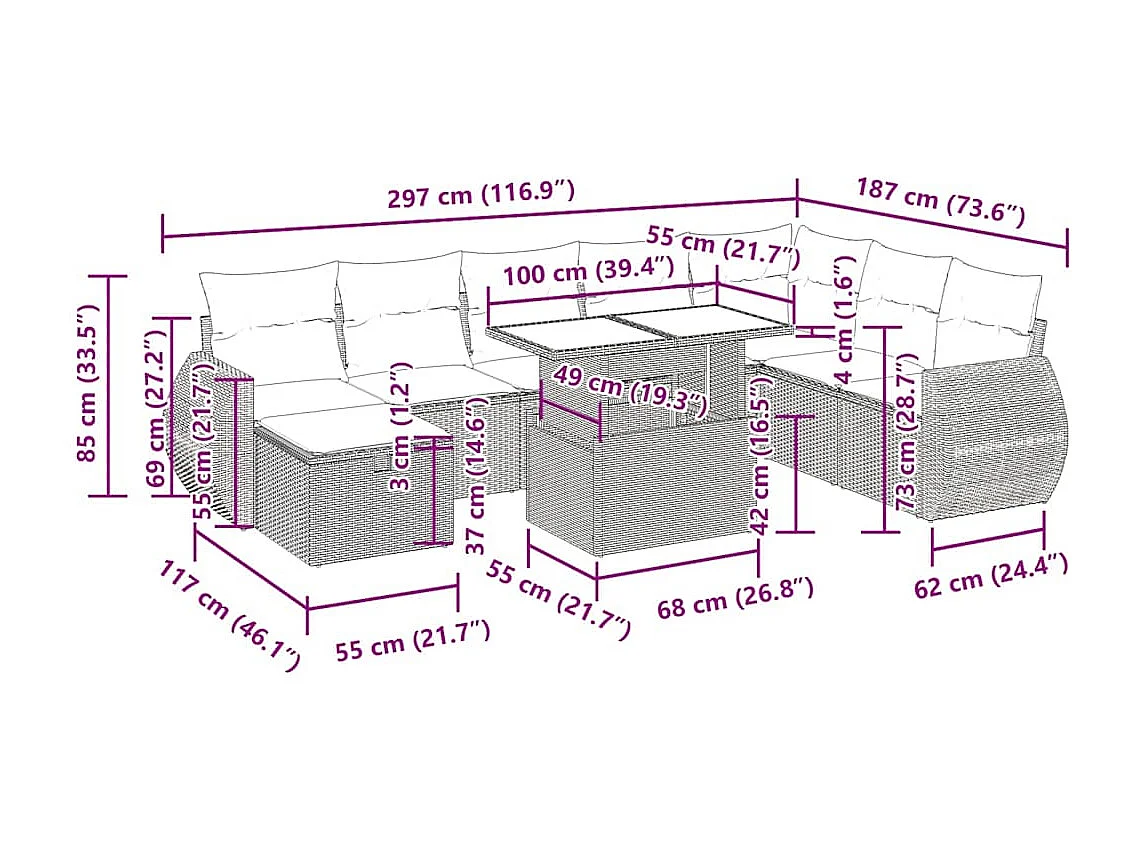 9 pcs conjunto de sofás p/ jardim com almofadões vime PE bege