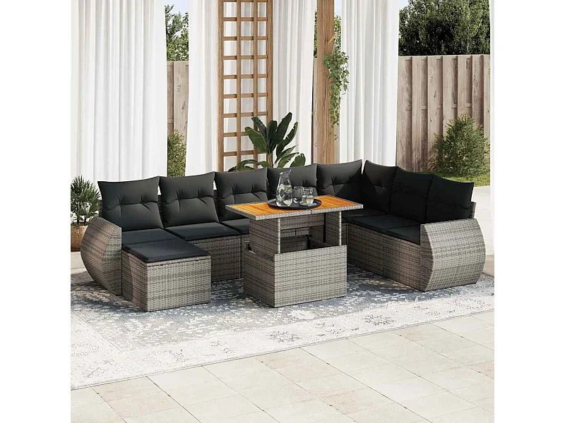 Set de sofás de jardín con cojines 9 pzas ratán sintético gris