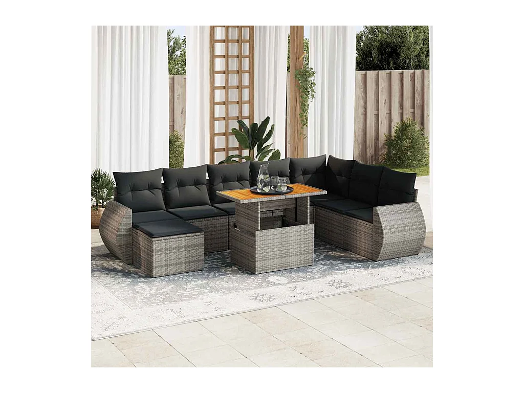 9-delige Loungeset met kussens poly rattan grijs