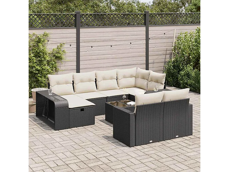 Salon de jardin 11 pcs avec coussins noir résine tressée