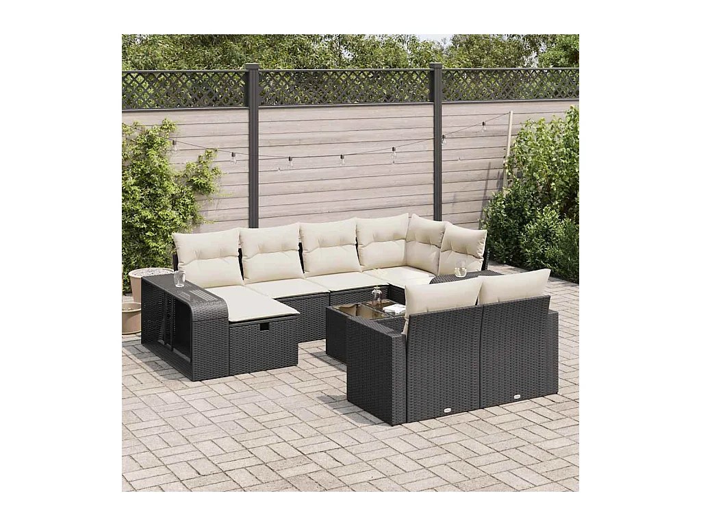 11-tlg. Garten-Sofagarnitur mit Kissen Schwarz Poly Rattan