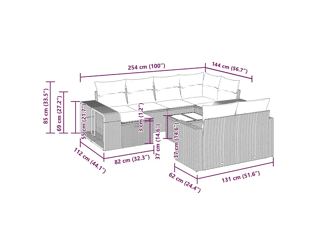 11-tlg. Garten-Sofagarnitur mit Kissen Schwarz Poly Rattan