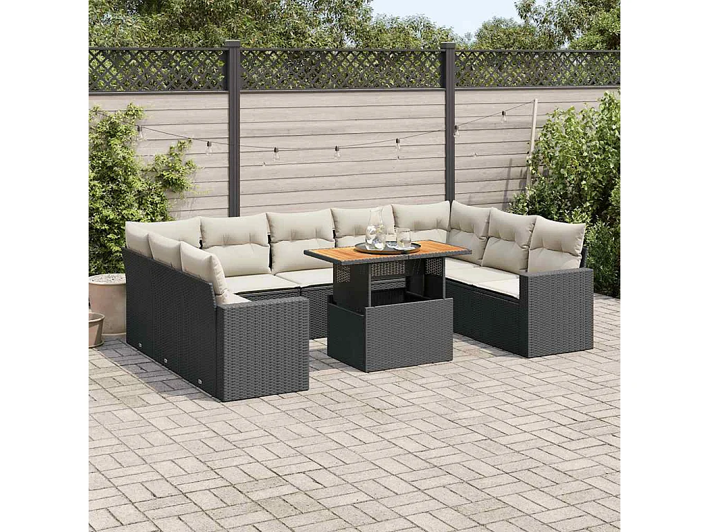 Salon de jardin 10 pcs avec coussins noir résine tressée
