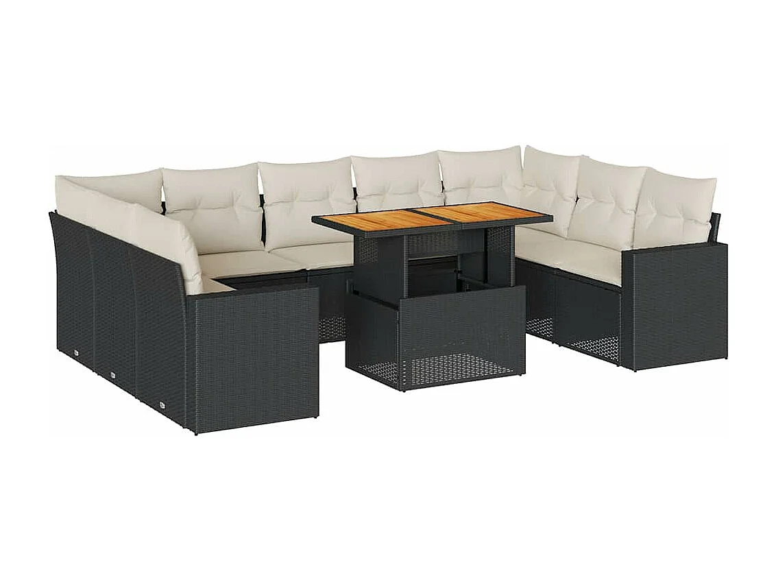 Salon de jardin 10 pcs avec coussins noir résine tressée