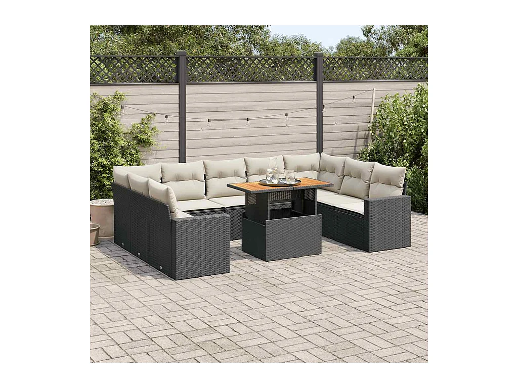10-tlg. Garten-Sofagarnitur mit Kissen Schwarz Poly Rattan