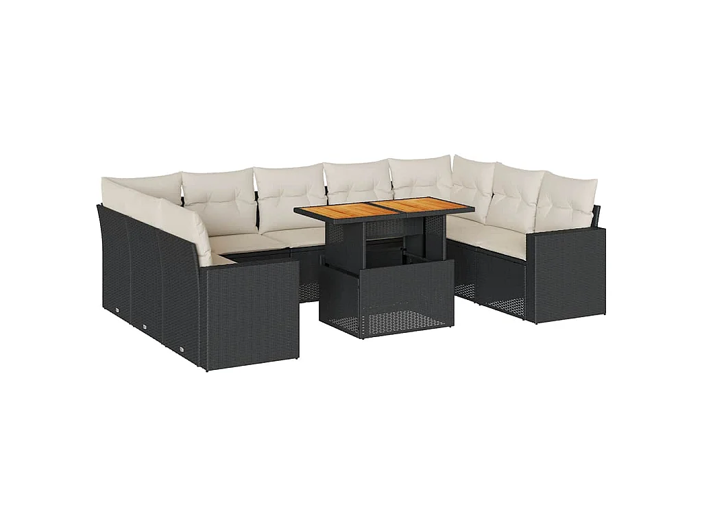 10-delige Loungeset met kussens poly rattan zwart