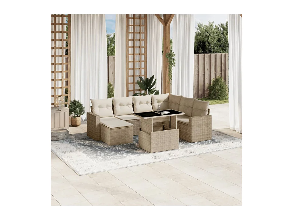 Set Divano da Giardino 8 pz con Cuscini Beige in Polyrattan