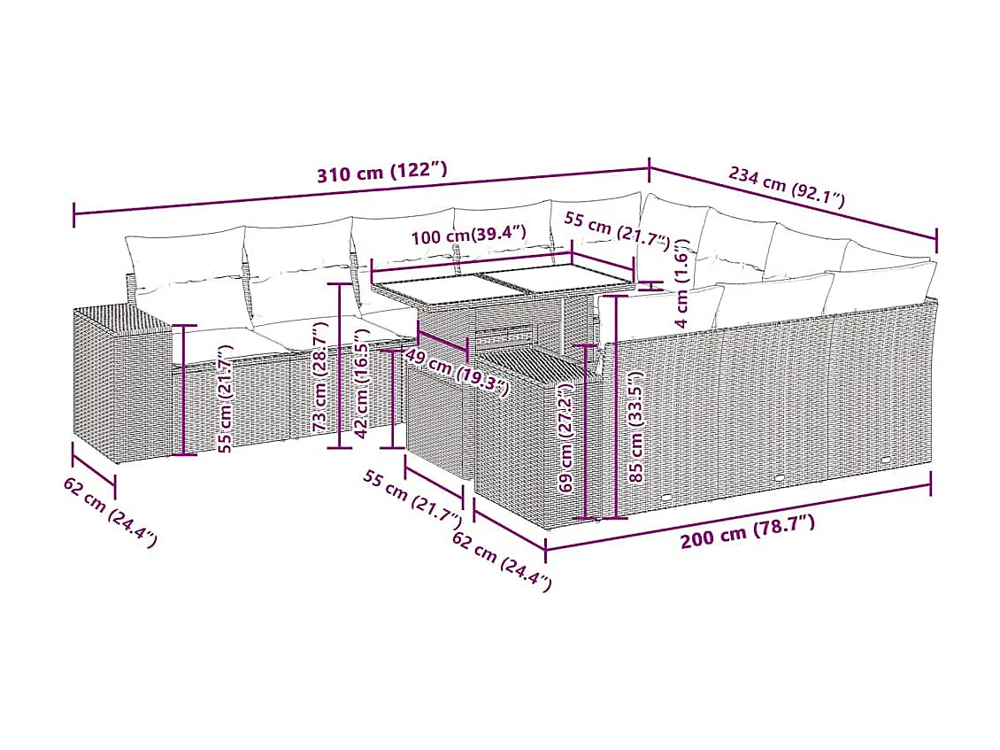 Salon de jardin 11 pcs avec coussins noir résine tressée
