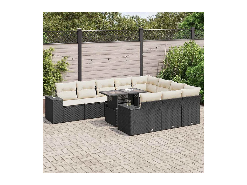 Salon de jardin 11 pcs avec coussins noir résine tressée