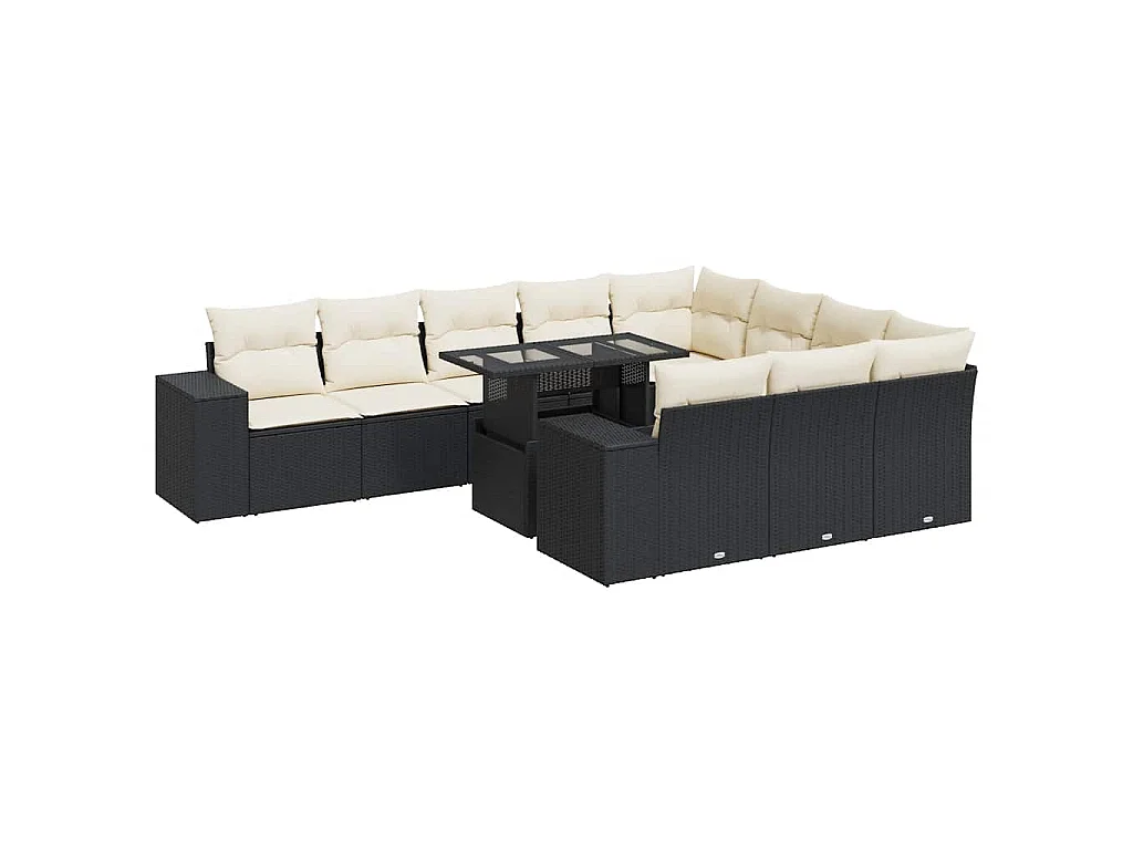 11-delige Loungeset met kussens poly rattan zwart