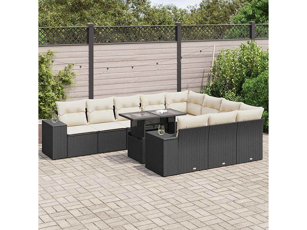 11-delige Loungeset met kussens poly rattan zwart