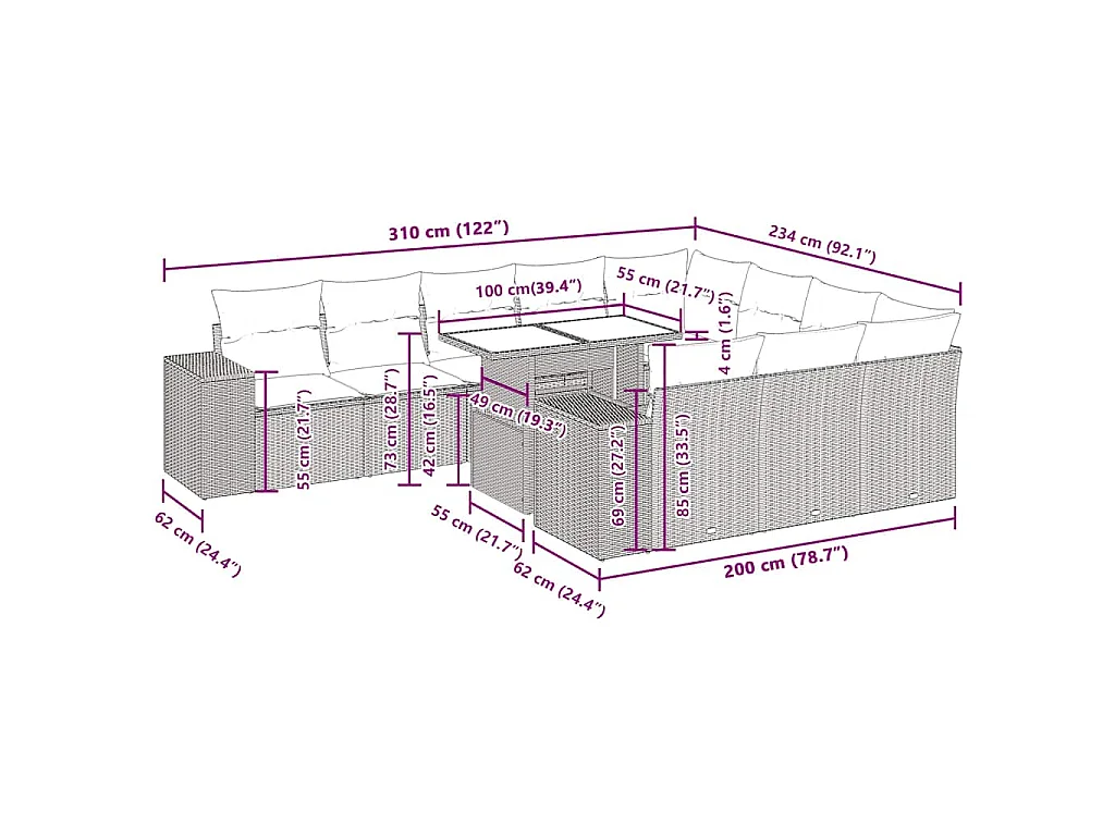 11-delige Loungeset met kussens poly rattan zwart