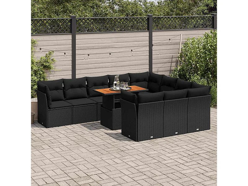 11-tlg. Garten-Sofagarnitur mit Kissen Schwarz Poly Rattan