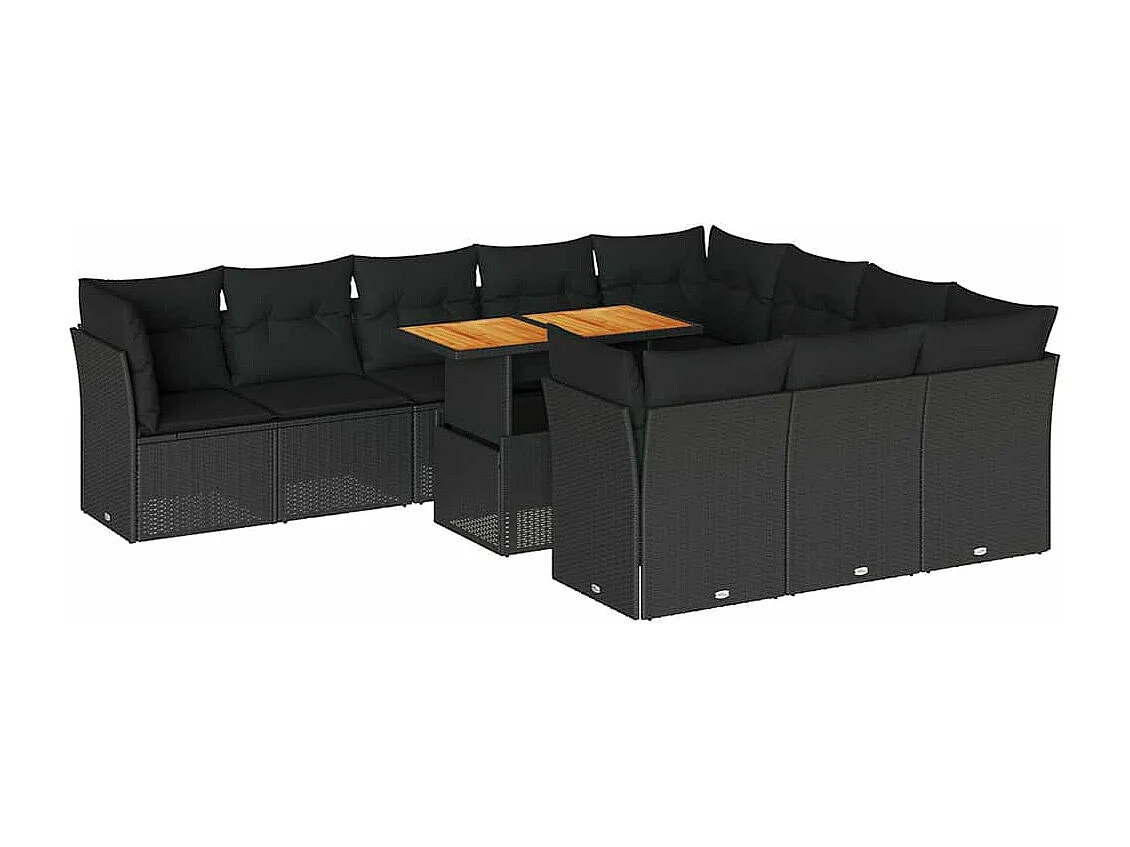 Salon de jardin 11 pcs avec coussins noir résine tressée