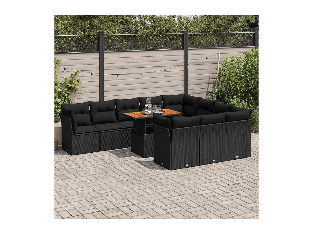 Salon de jardin 11 pcs avec coussins noir résine tressée