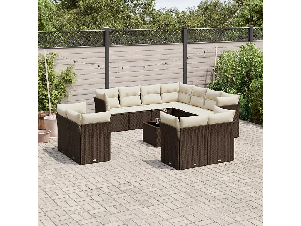 12-tlg. Garten-Sofagarnitur mit Kissen Braun Poly Rattan