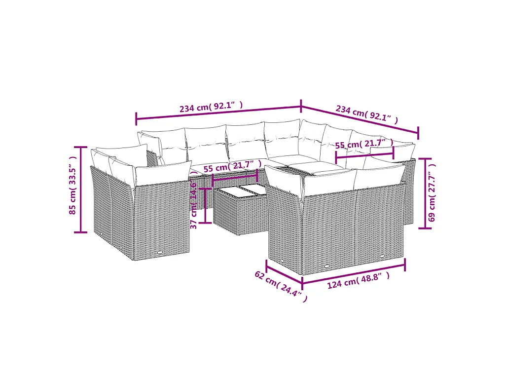 12-tlg. Garten-Sofagarnitur mit Kissen Braun Poly Rattan