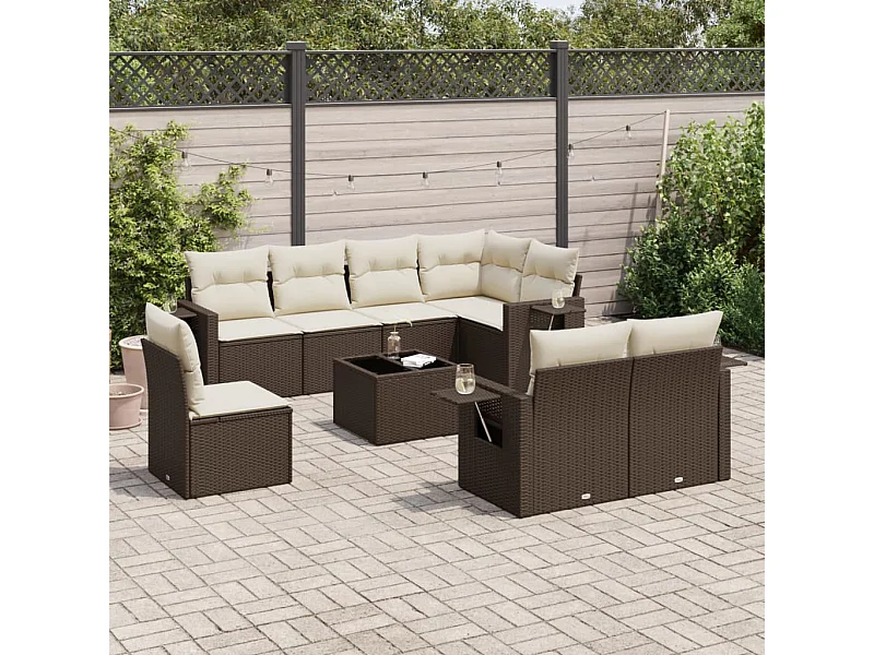 Set Divani da Giardino 9pz con Cuscini Marrone in Polyrattan