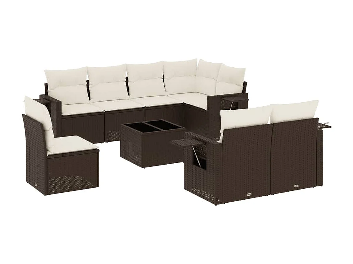 Salon de jardin avec coussins 9 pcs marron résine tressée