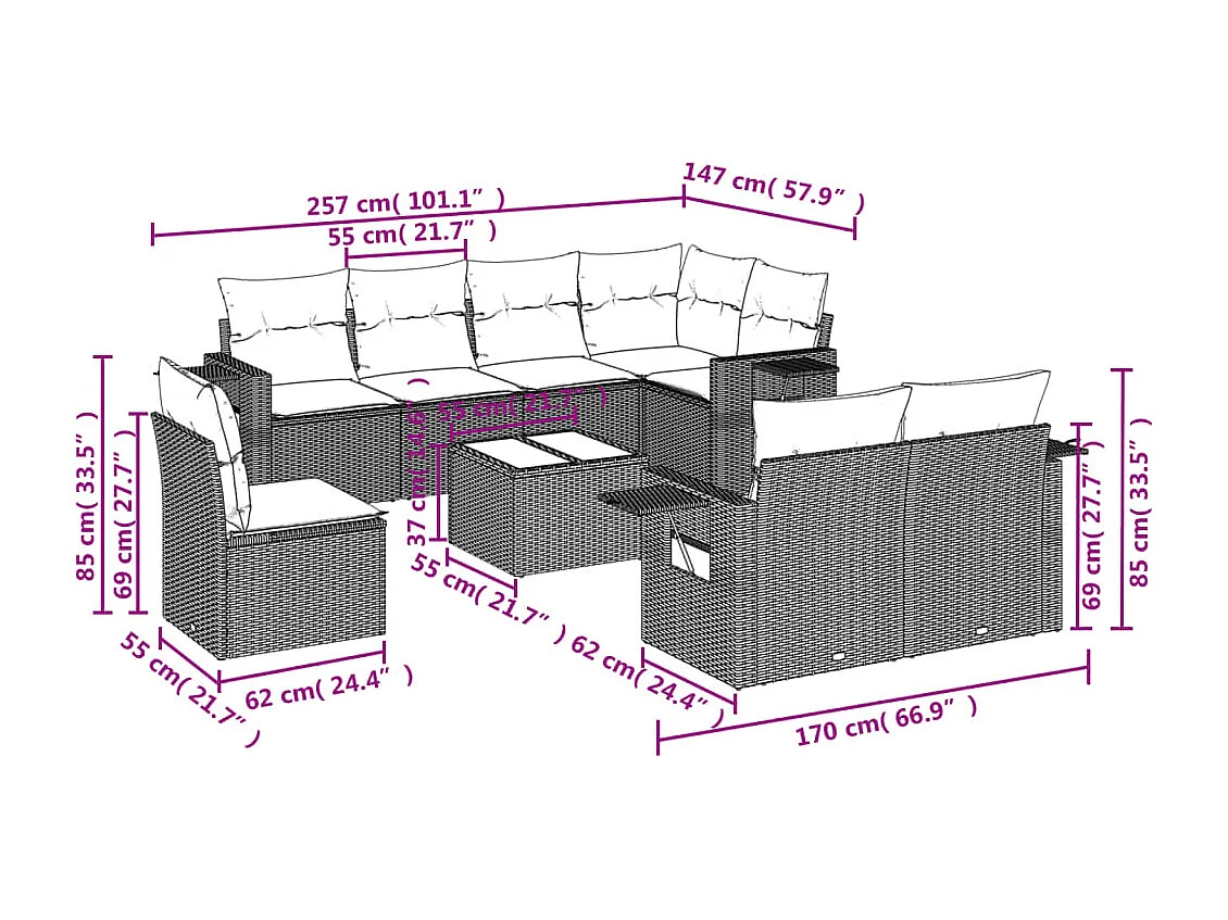 Salon de jardin avec coussins 9 pcs marron résine tressée