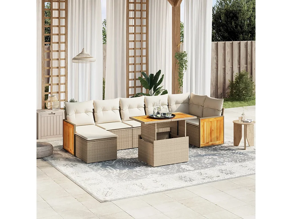 Set Divano da Giardino 8 pz con Cuscini Beige in Polyrattan