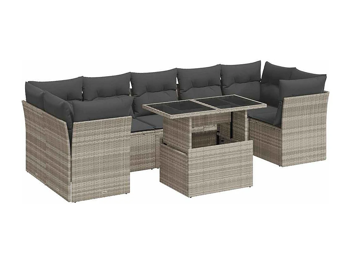 10-delige Loungeset met kussens poly rattan lichtgrijs