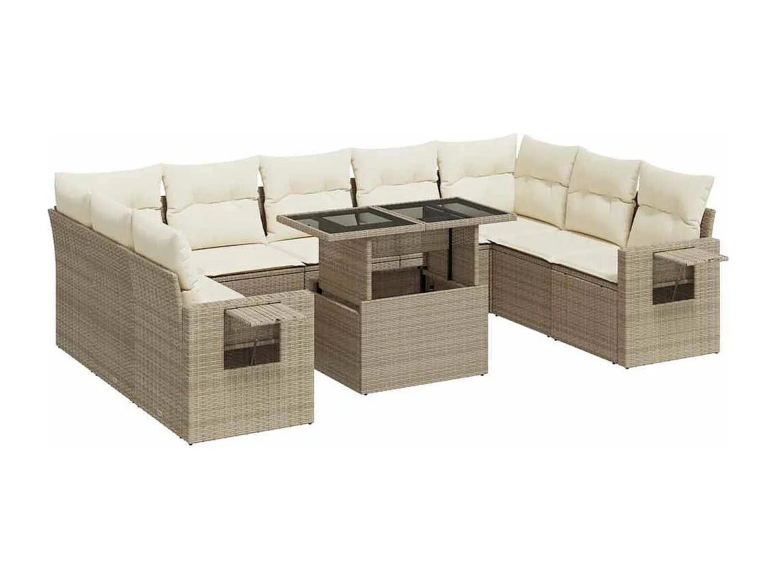 Salon de jardin avec coussins 10 pcs beige résine tressée