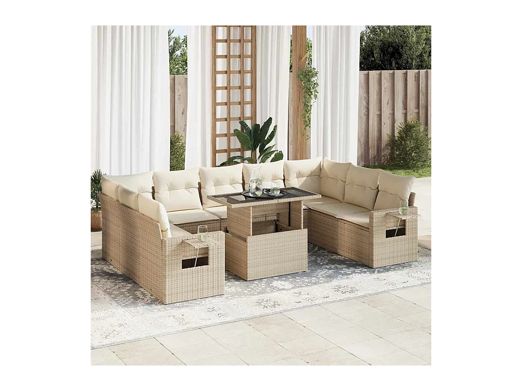 Salon de jardin avec coussins 10 pcs beige résine tressée