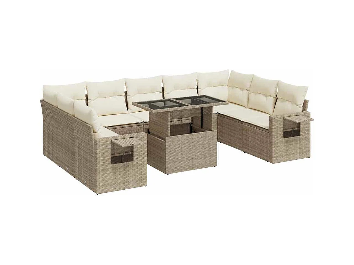 Salon de jardin avec coussins 10 pcs beige résine tressée