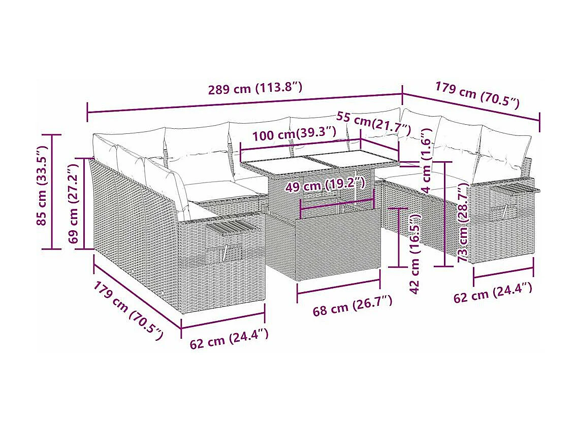 10 pcs conjunto de sofás p/ jardim com almofadões vime PE bege
