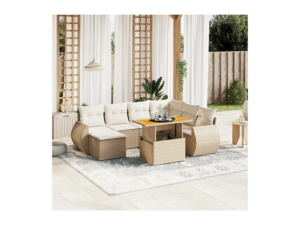 Set Divano da Giardino 8 pz con Cuscini Beige in Polyrattan