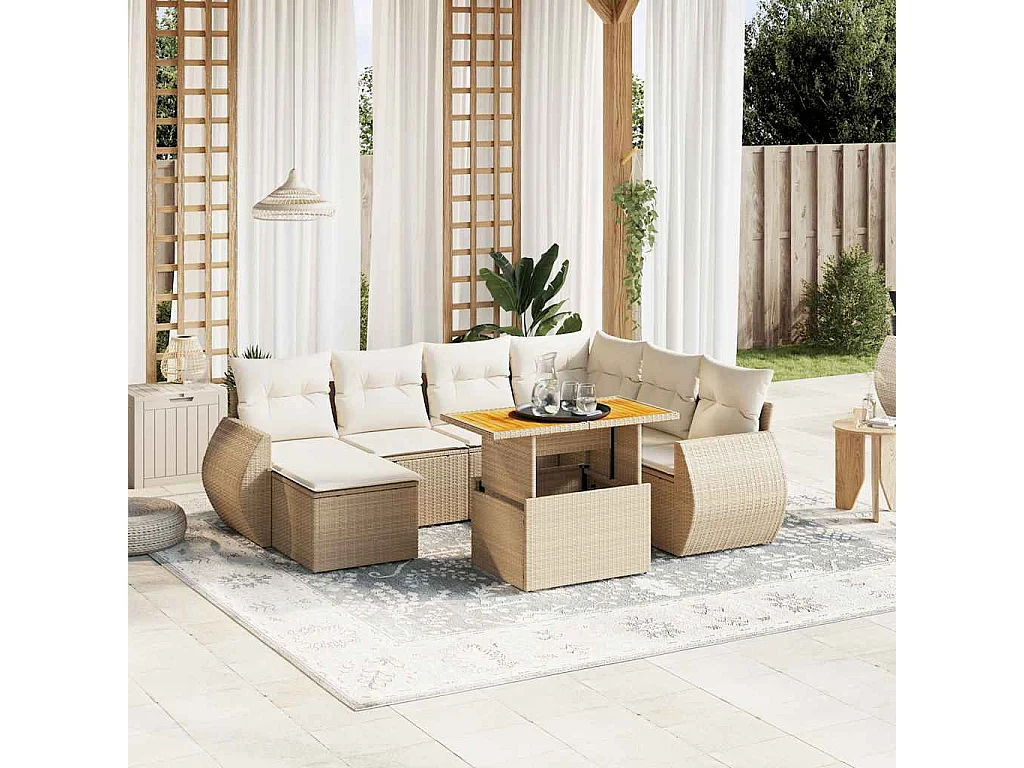8-delige Loungeset met kussens poly rattan beige