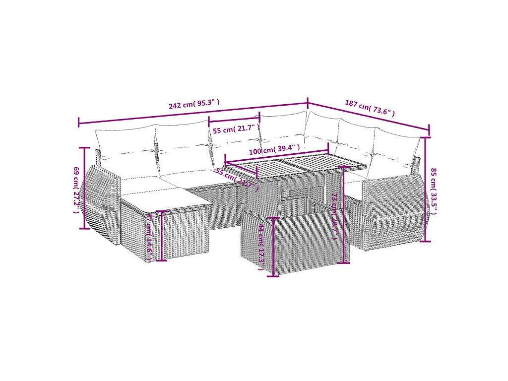 8-delige Loungeset met kussens poly rattan beige