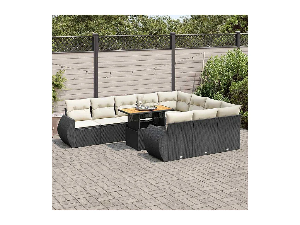 Salon de jardin 11 pcs avec coussins noir résine tressée