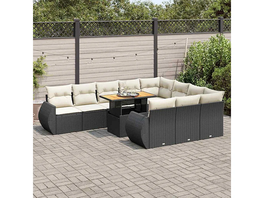 11-tlg. Garten-Sofagarnitur mit Kissen Schwarz Poly Rattan