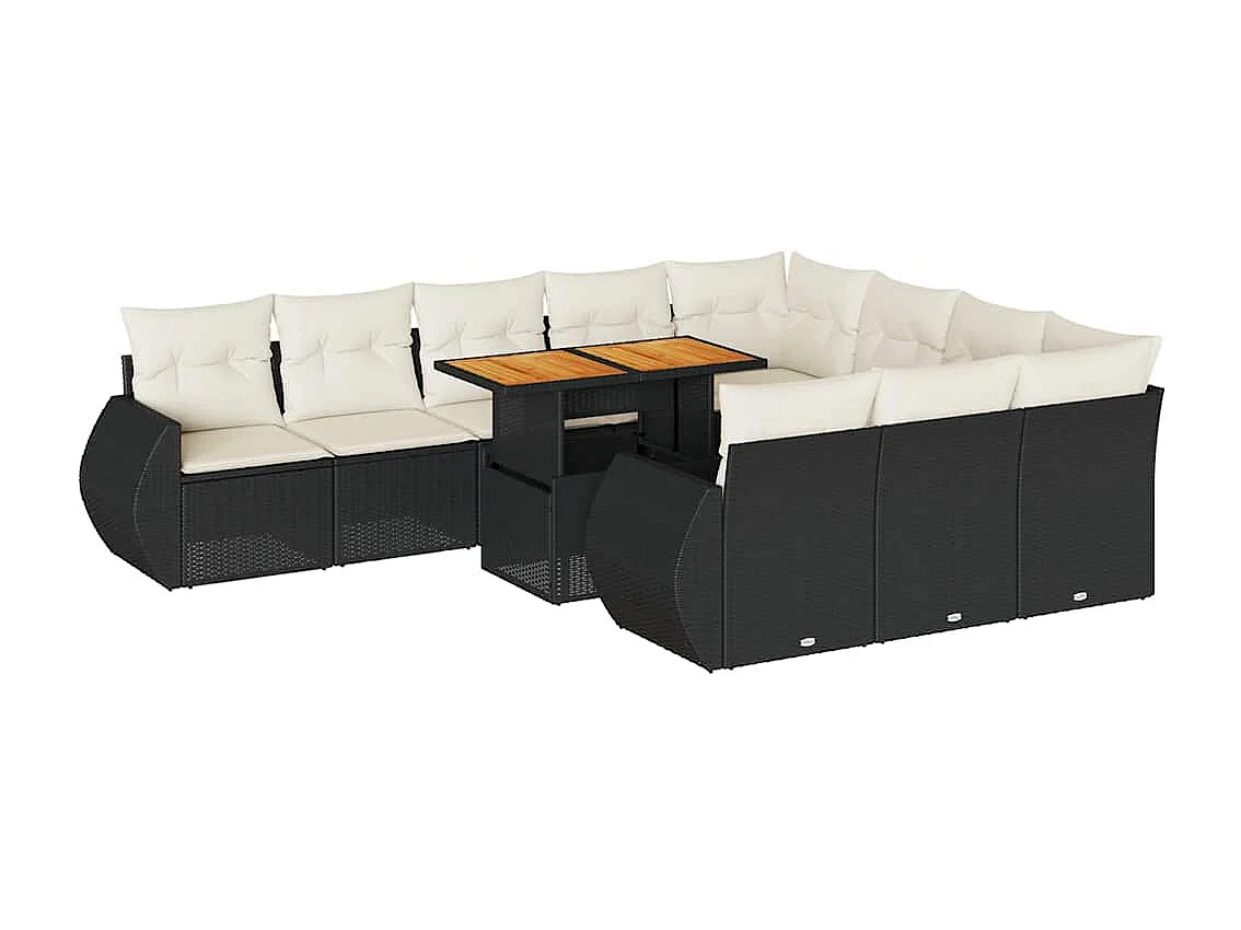11-tlg. Garten-Sofagarnitur mit Kissen Schwarz Poly Rattan
