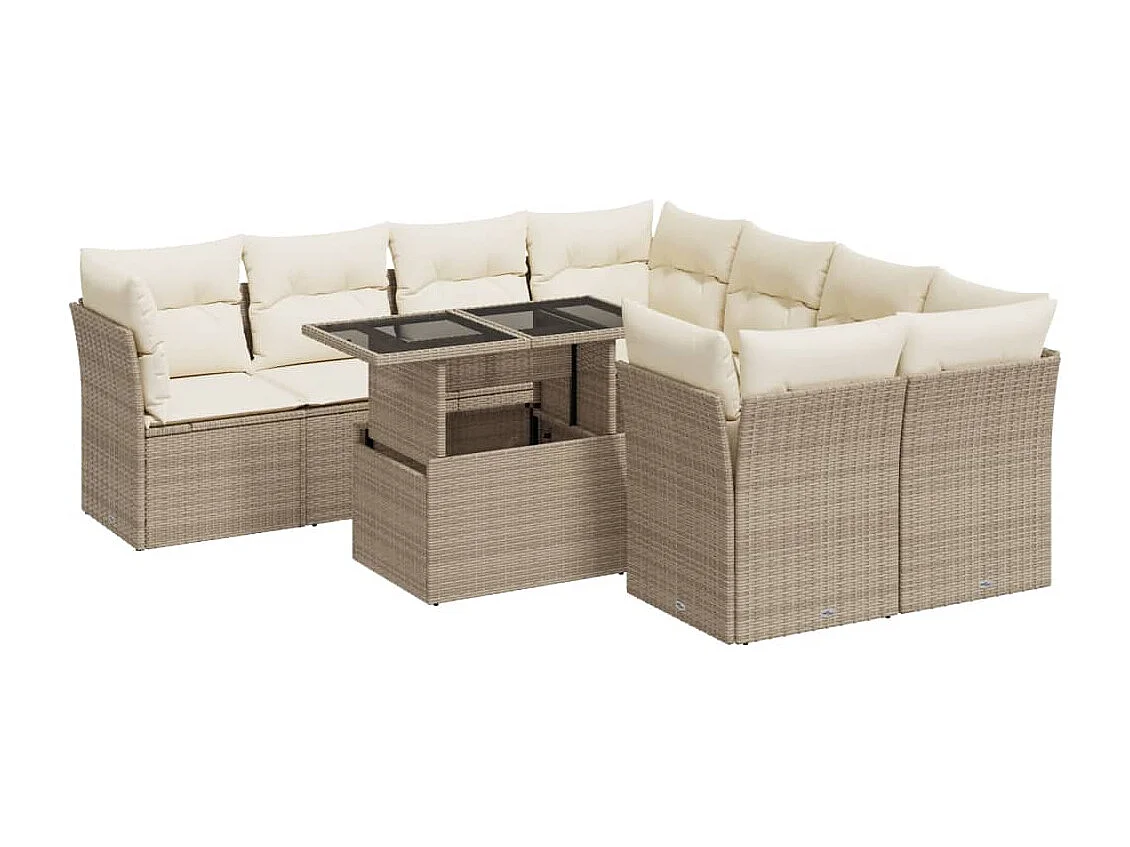 Set Divano da Giardino 9 pz con Cuscini Beige in Polyrattan