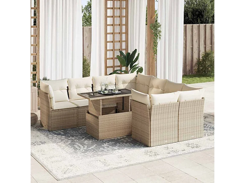 Set Divano da Giardino 9 pz con Cuscini Beige in Polyrattan