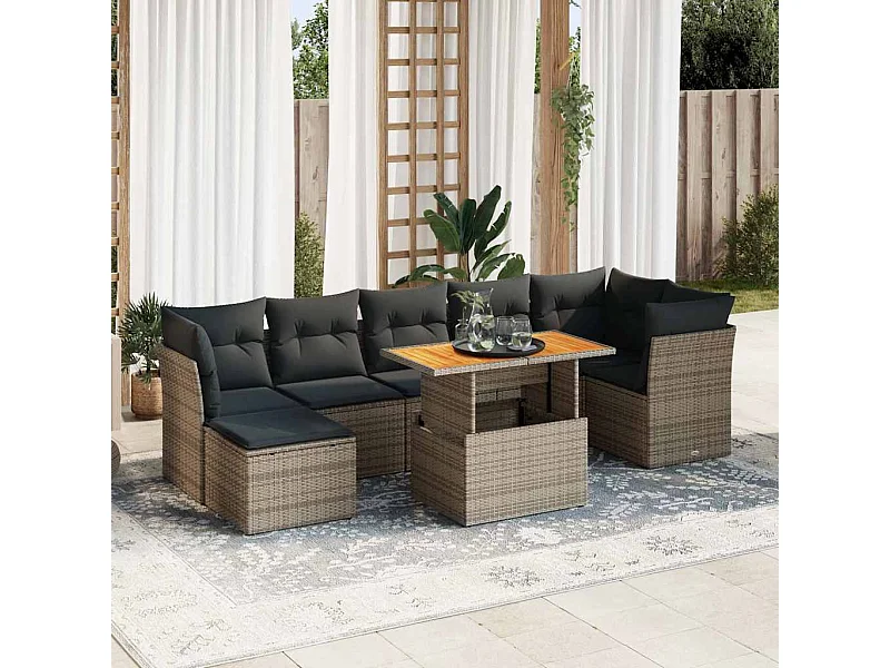 Salon de jardin 8 pcs avec coussins gris résine tressée
